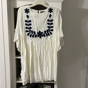 Chic White Dress with Navy Embroidery